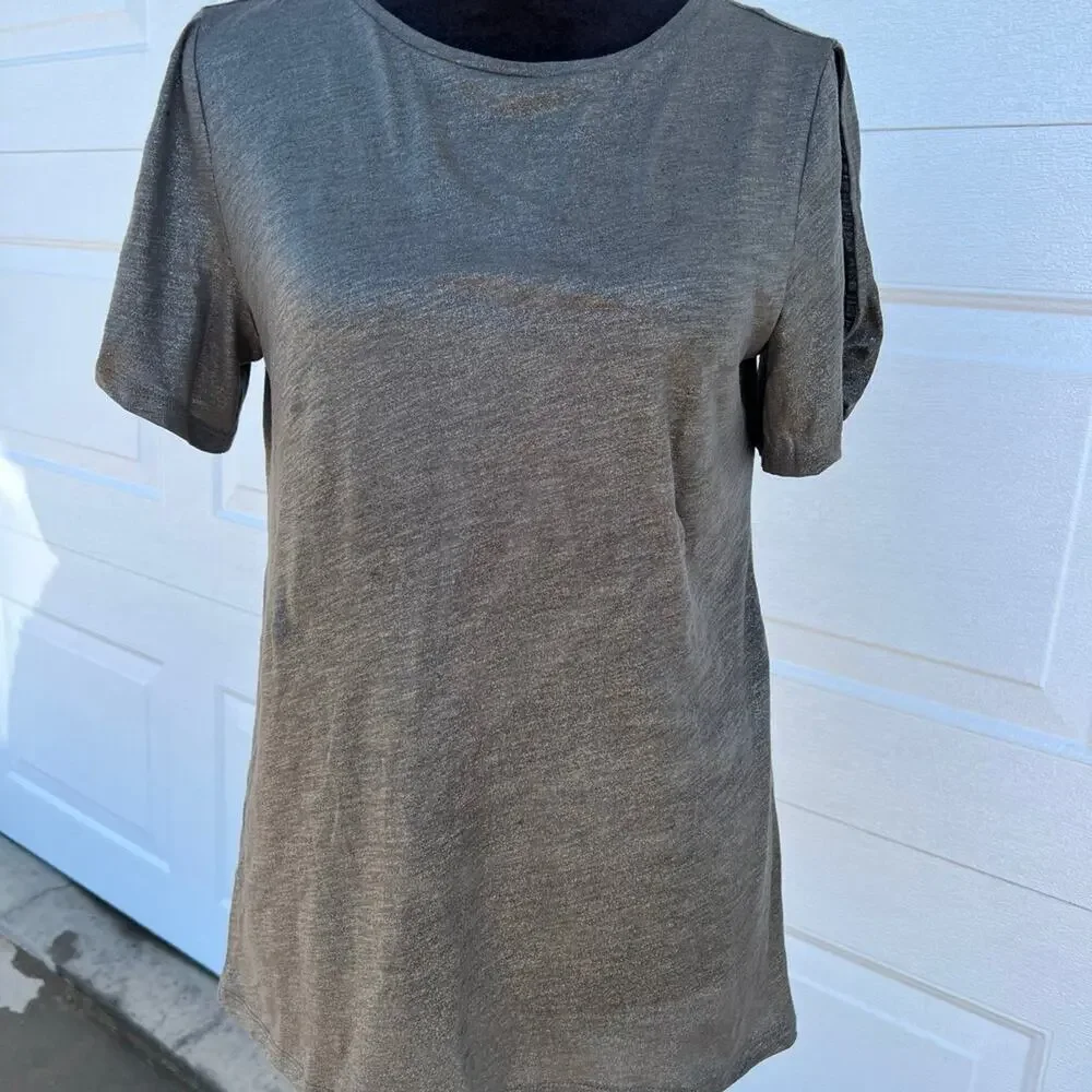 Loft, green shimmer, vintage soft, short sleeve, rounded neckline, women's XS